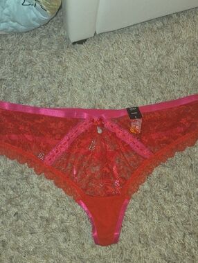 torrid Red Lace Bikini Thong with Pink Satin Trim